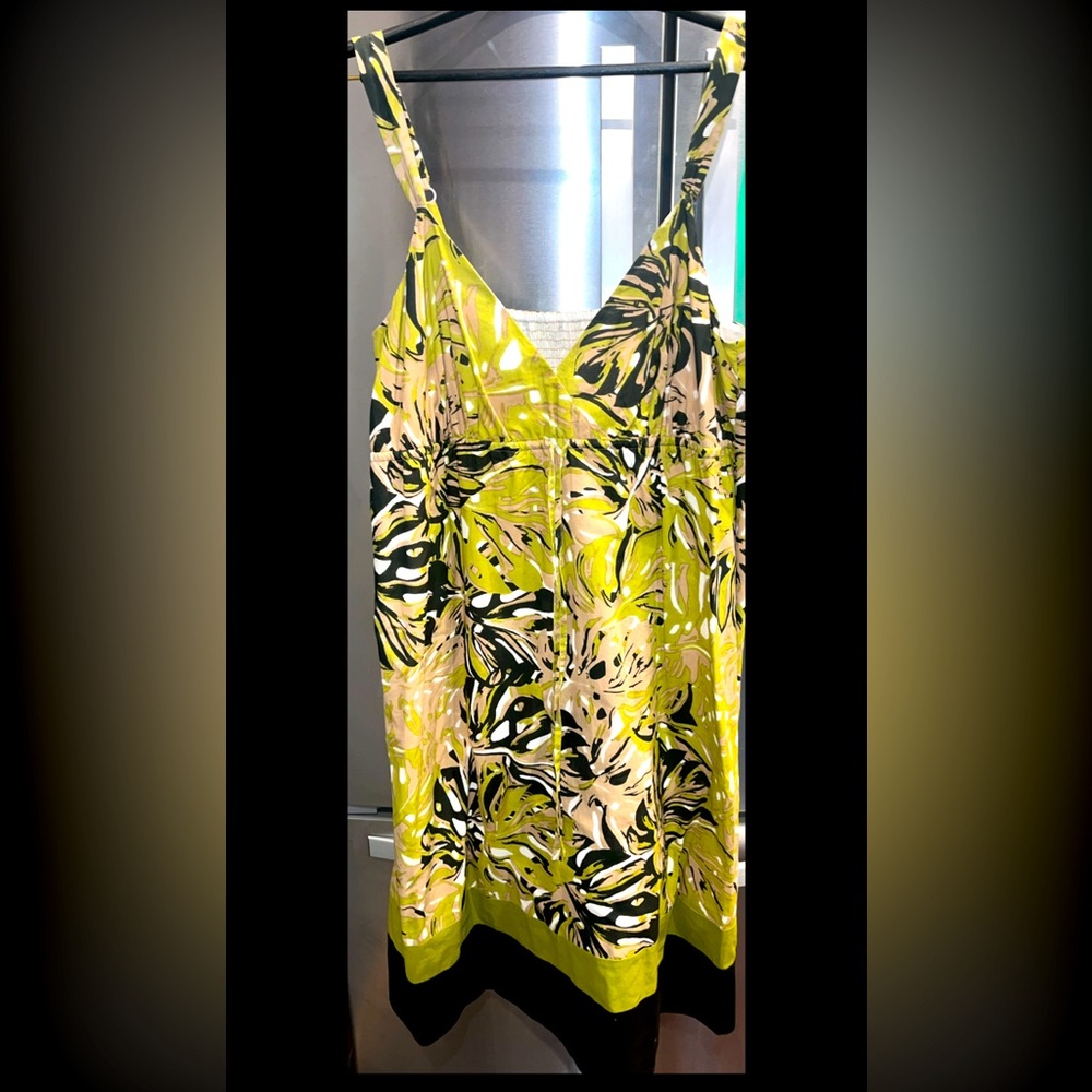 Long Tall Sally BLACK Olive Cotton Sun DRESS flowers V Neck MIDI Lined, SIZE 16 - Picture 3 of 16